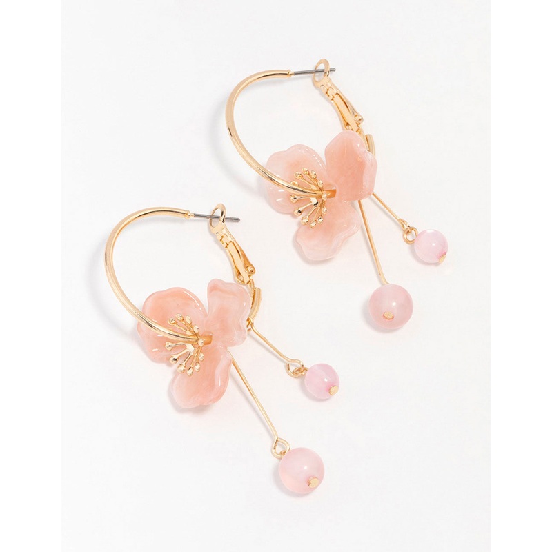 Gold Peach Acrylic Flower Beaded Hoop Earrings