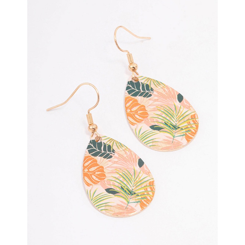 Gold Pear Leaf Print Drop Earrings