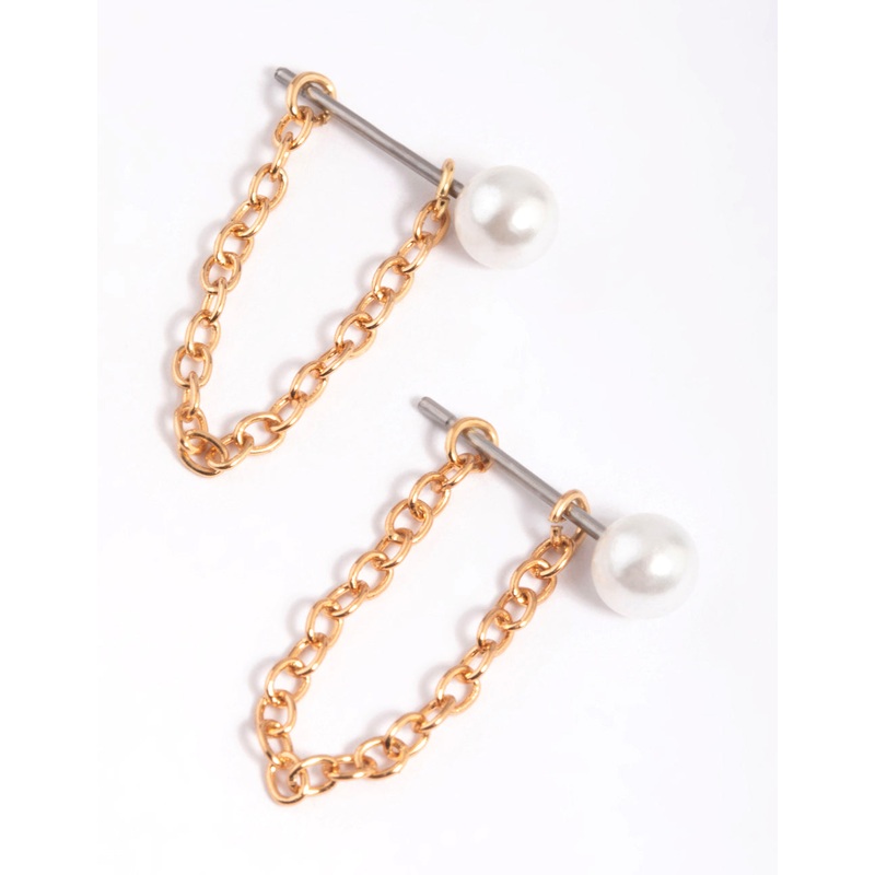 Gold Pearl Chain Jacket Earrings