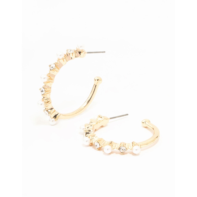 Gold Pearl & Diamante Hoop Earrings