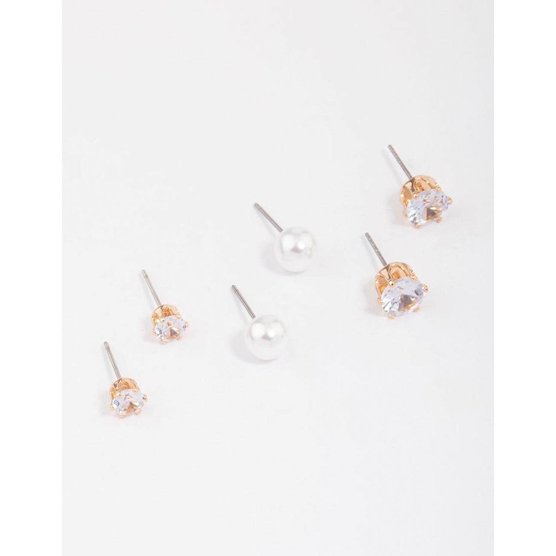 Gold Pearl & Diamante Stud Earring 3-Pack