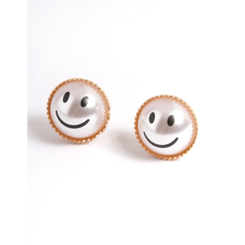 Gold Pearl Smiley Stud Earrings