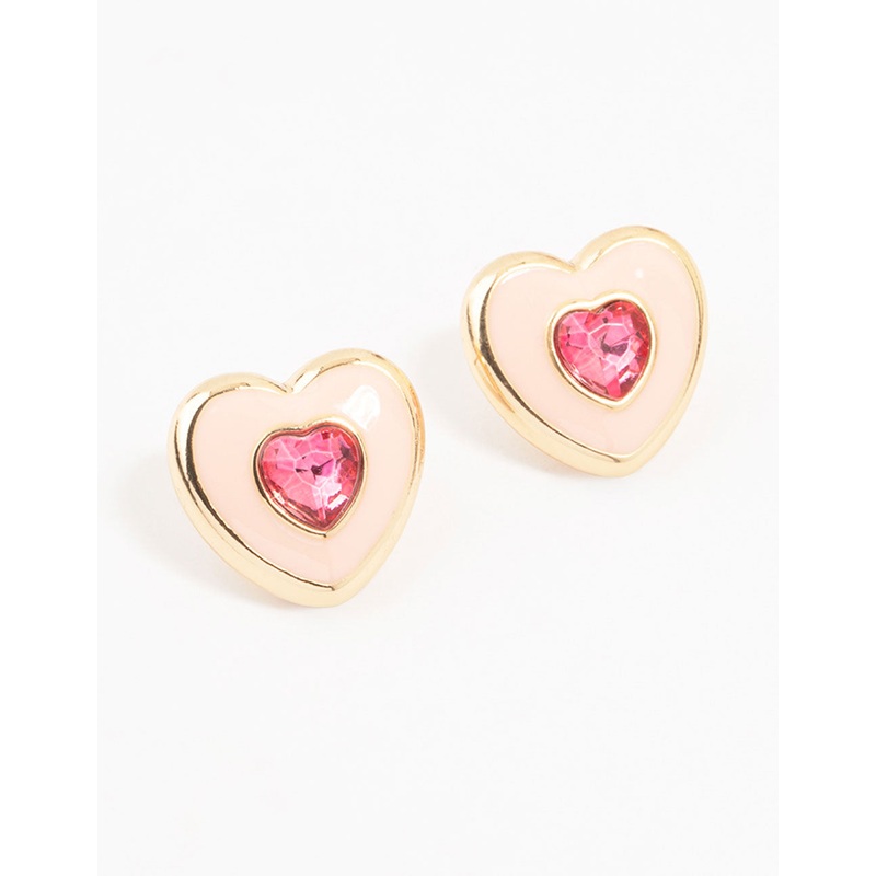 Gold & Pink Acrylic Heart Stud Earrings