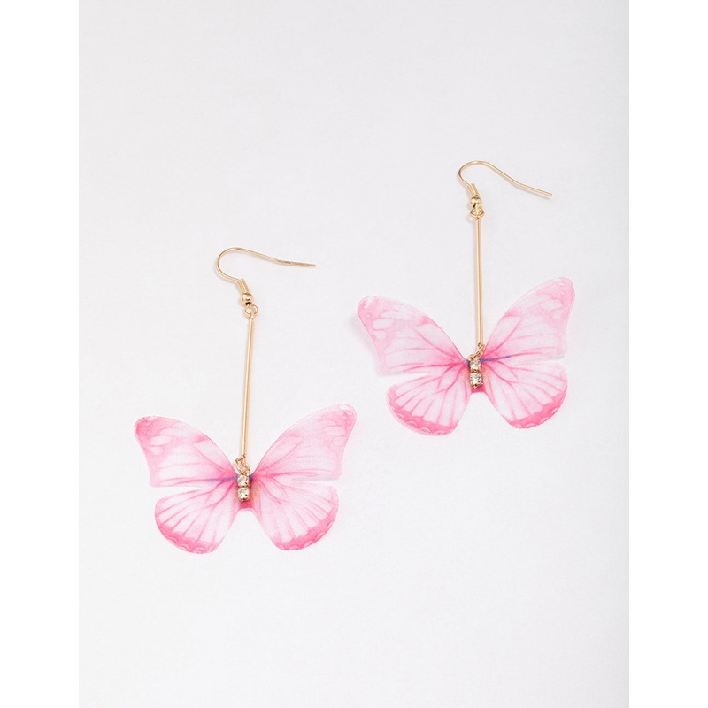 Gold & Pink Diamante Fabric Butterfly Drop Earrings