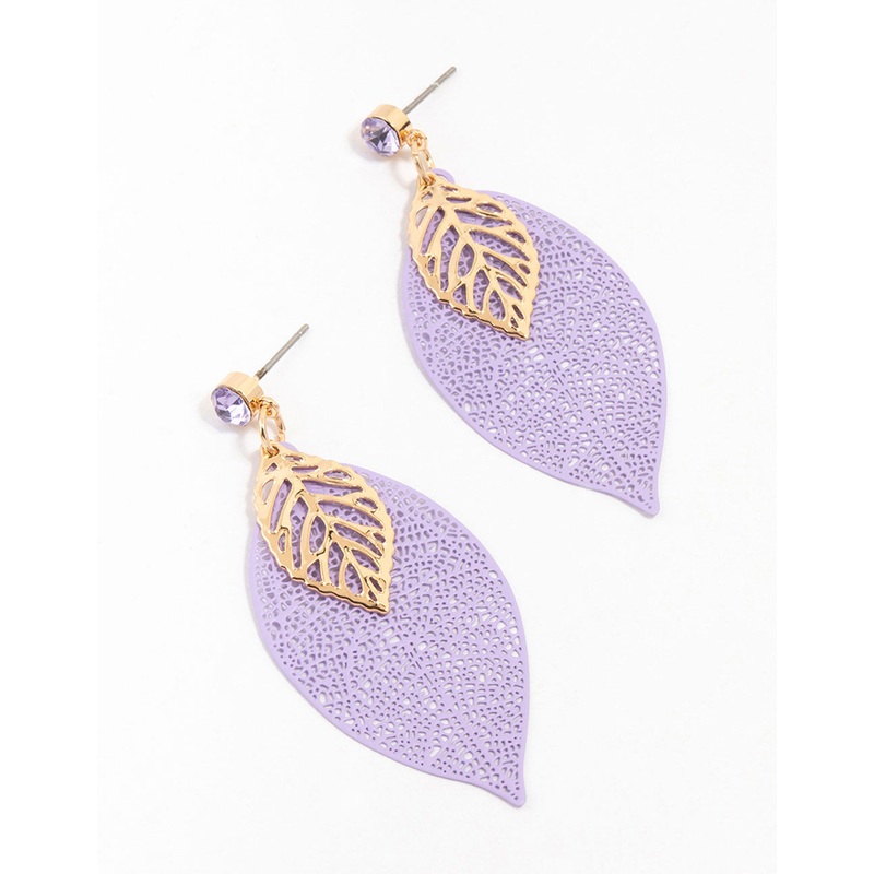 Gold Purple Diamante Filigree Leaf Drop Earrings