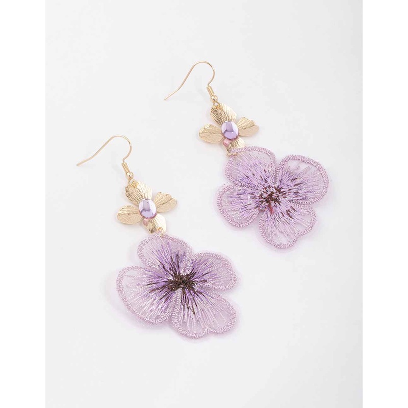 Gold Purple Fabric Flower Drop Earrings