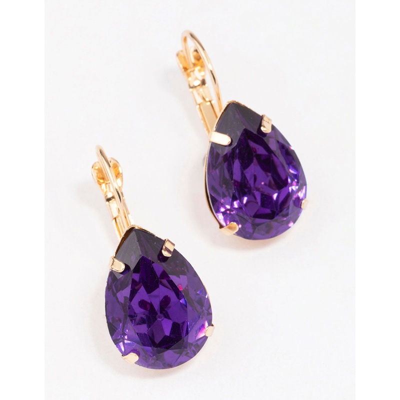 Gold Purple Pear Crystal Drop Earrings