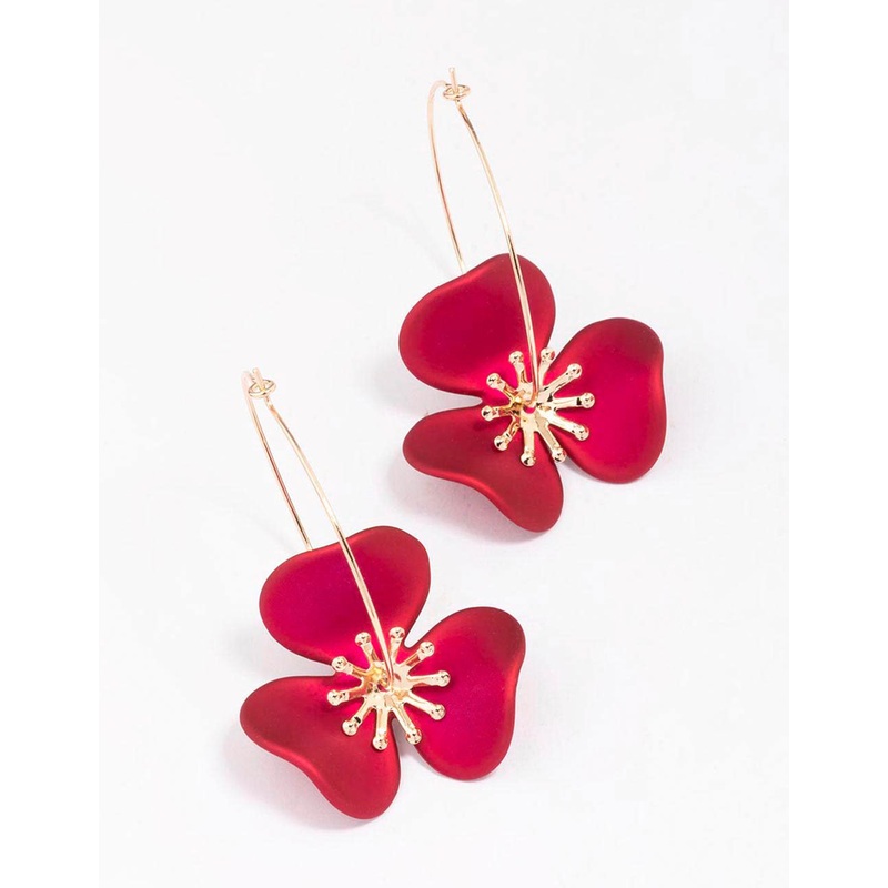 Gold & Red Flower Wire Hoop Earrings