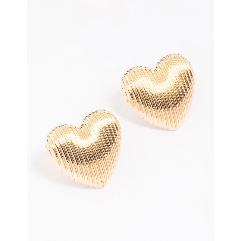 Gold Ribbed Heart Stud Earrings