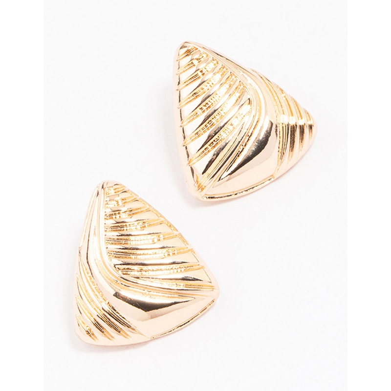 Gold Ribbed Triangular Stud Earrings