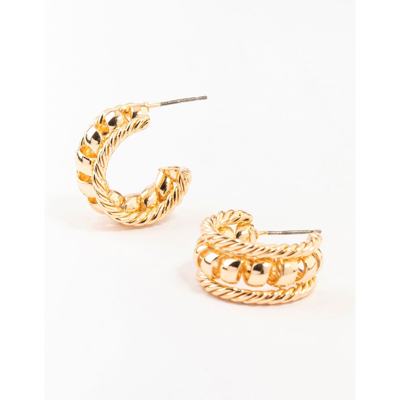 Gold Twisted Rope & Ball Hoop Earrings