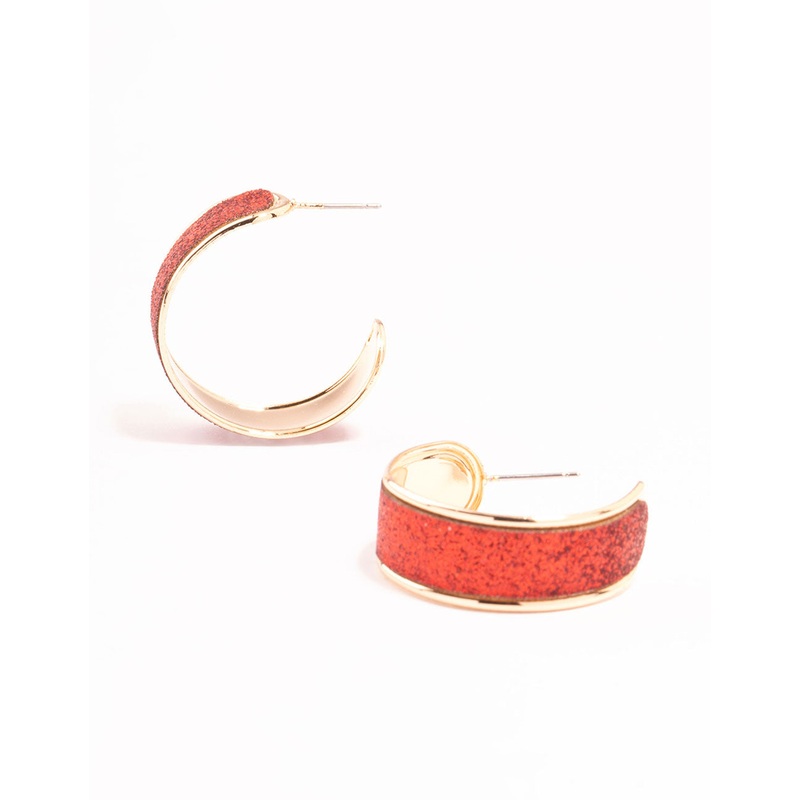 Gold Wide Red Glitter Hoop Earrings