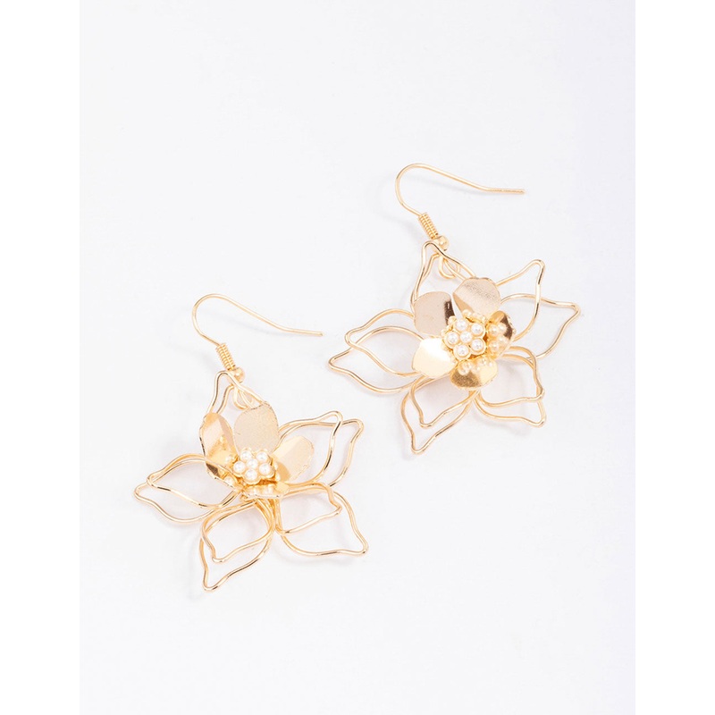 Gold Wire Pearl Flower Drop Earrings