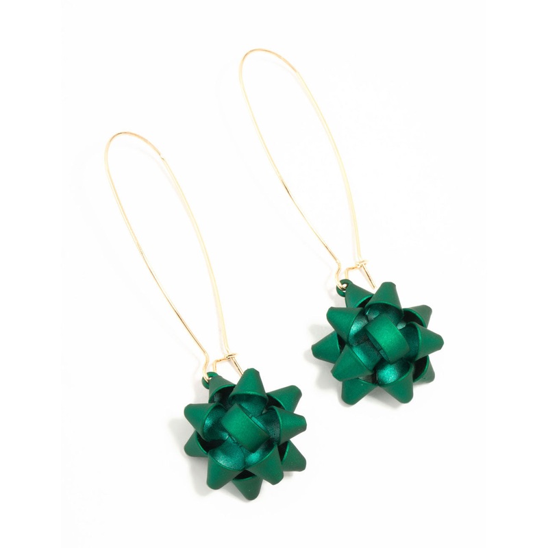 Green Present Bow Gold Hook Earrings