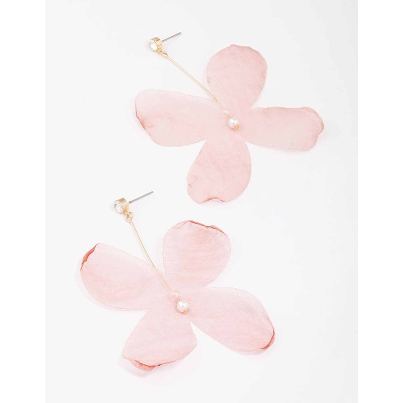 Pink Diamante & Pearl Fabric Flower Drop Earrings