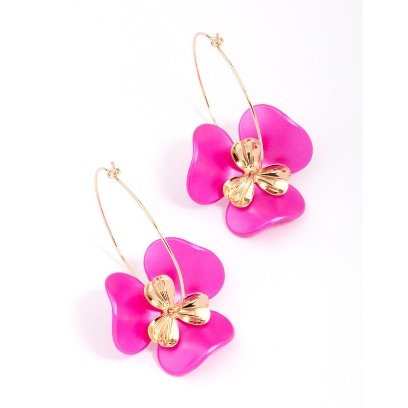 Pink Flower Wire Hoop Earrings