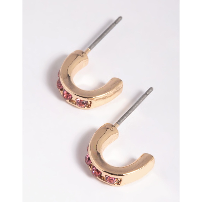 Pink Stone Huggie Hoop Earrings