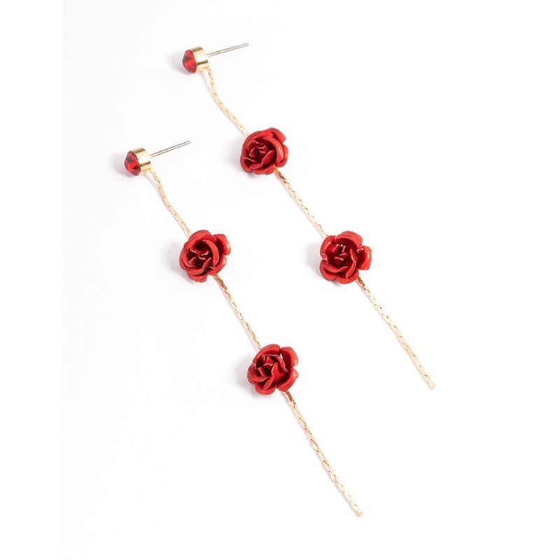 Red Diamante & Flower Chain Drop Earrings