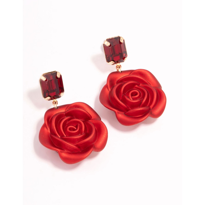 Red Diamante & Rose Acrylic Drop Earrings
