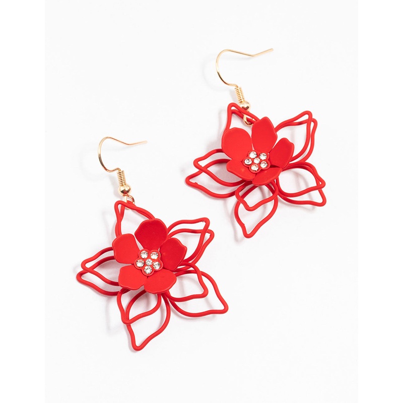 Red Gold Wire Pearl Flower Drop Earrings