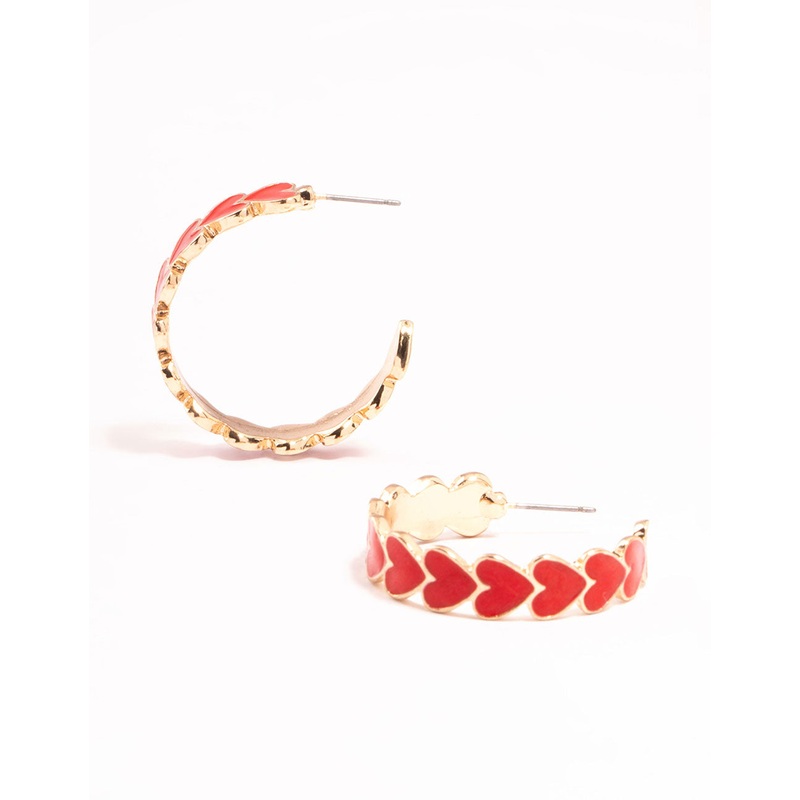 Red Heart Enamel Hoop Earrings