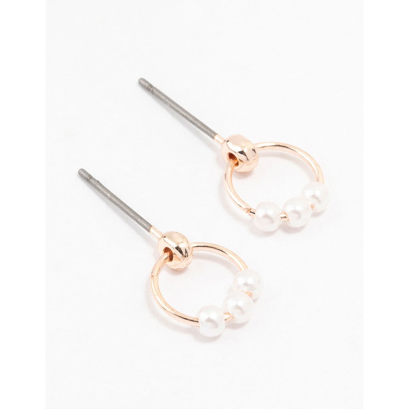 Rose Gold 3 Pearl Circular Stud Earrings