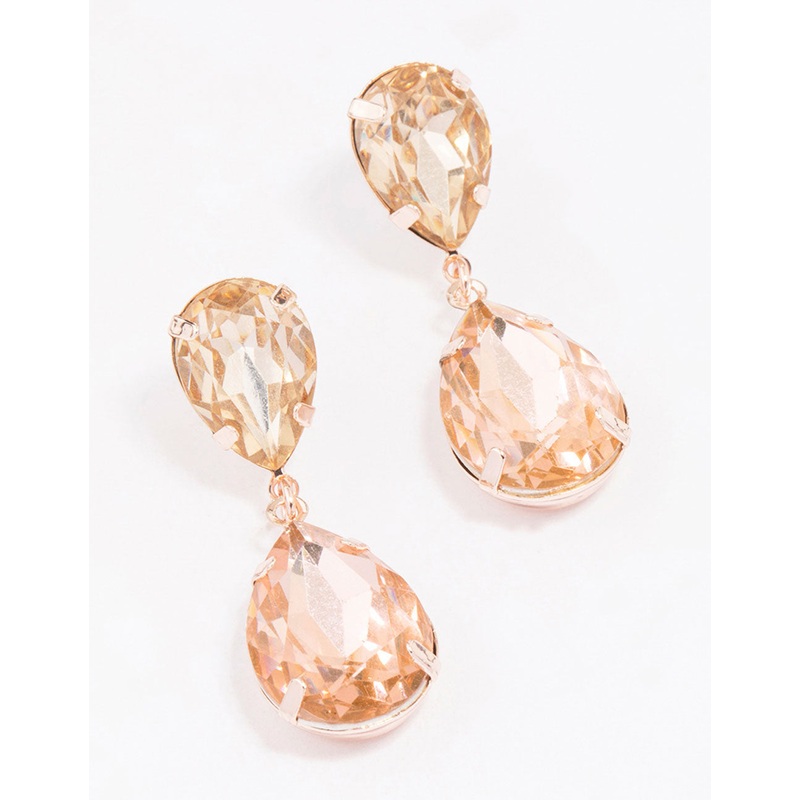 Rose Gold Double Pear Diamante Drop Earrings