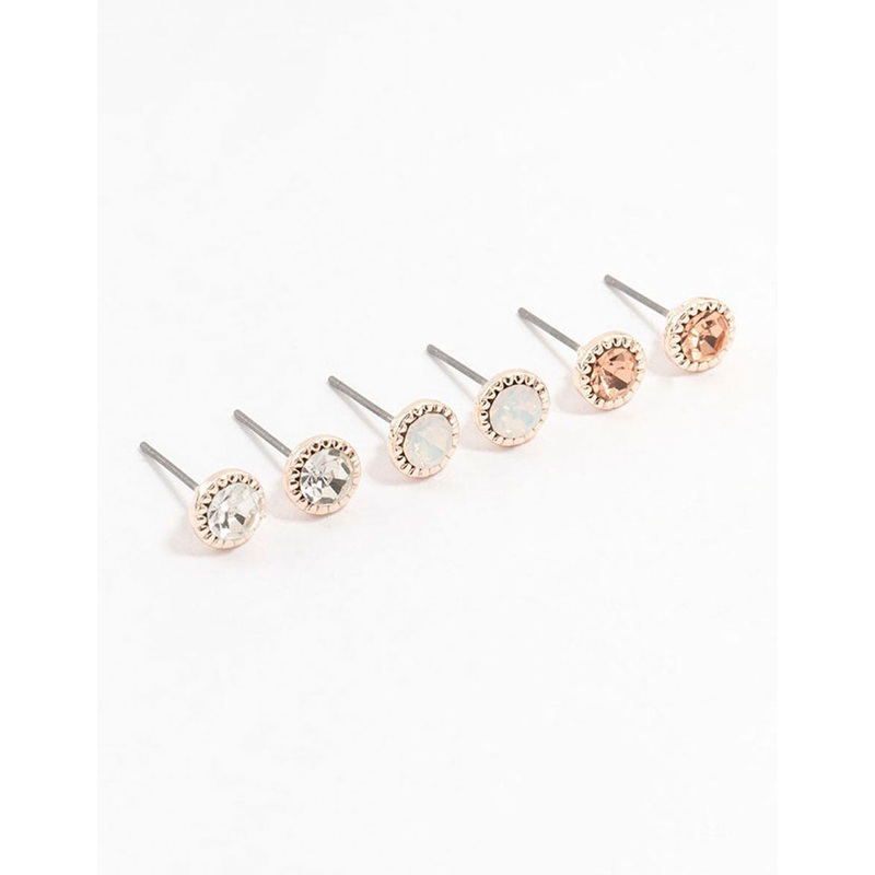 Rose Gold Encased Diamante Stud Earrings 3-Pack