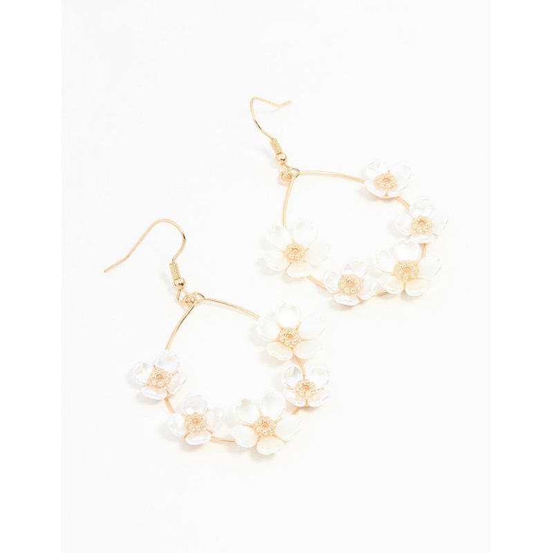 White Pearlised Flower Teardrop Gold Earrings