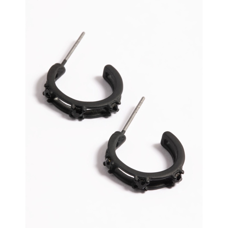 Black Coated Triple Crystal Huggie Earrings