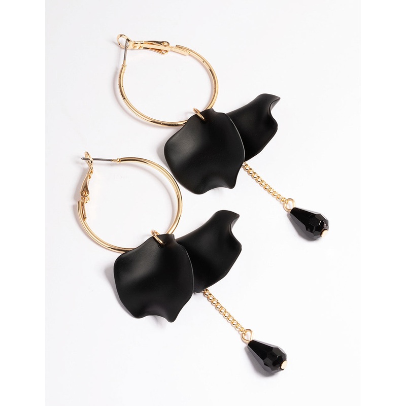 Black Petal & Chain Hoop Earrings