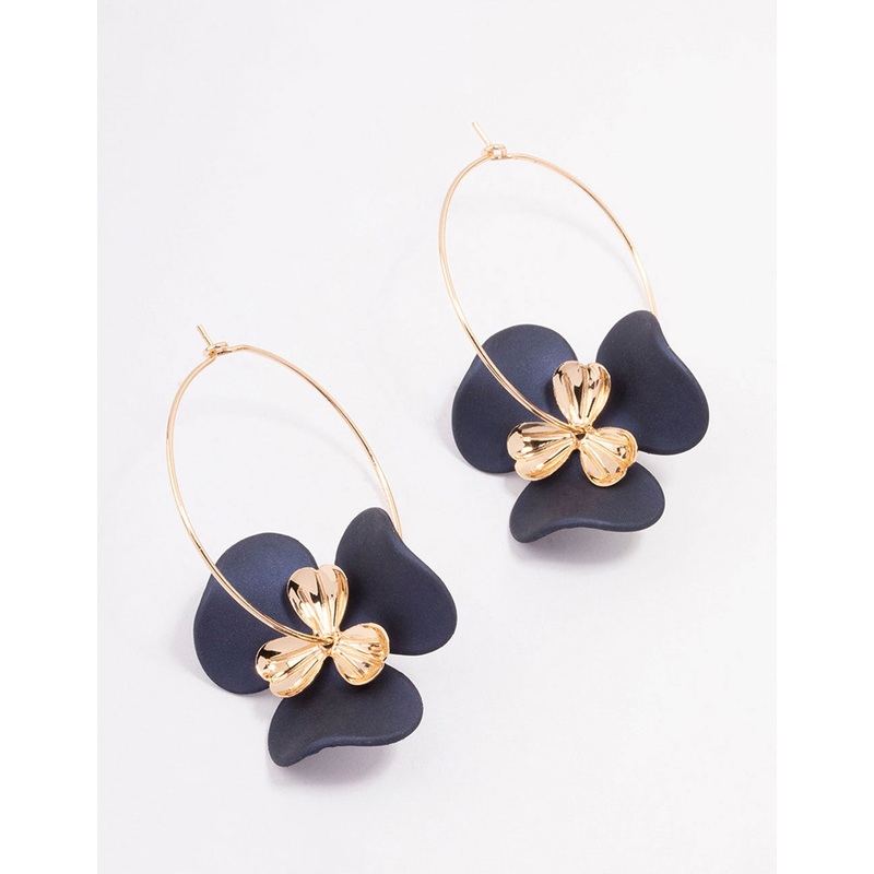 Blue Large Flower Wire Hoop Earrings