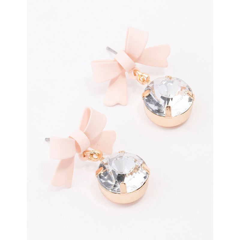 Blush Layered Diamante Bow Drop Earrings