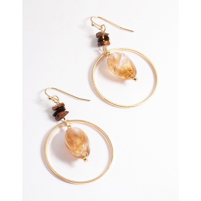 Brown Mixed Bead Open Circle Drop Earrings