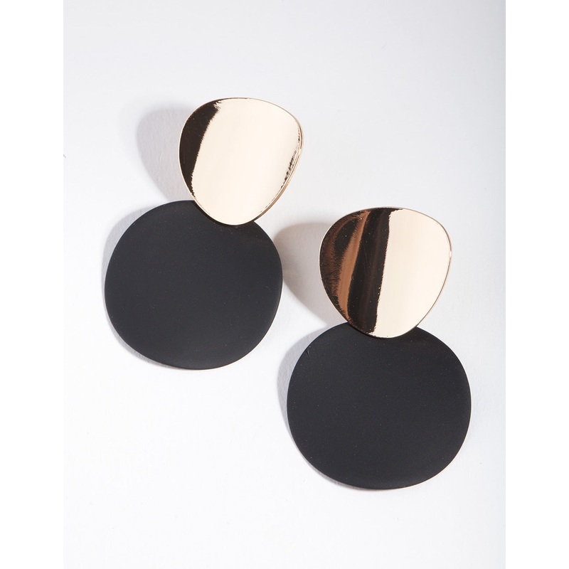 Gold Black Curved Disc Stud Earrings