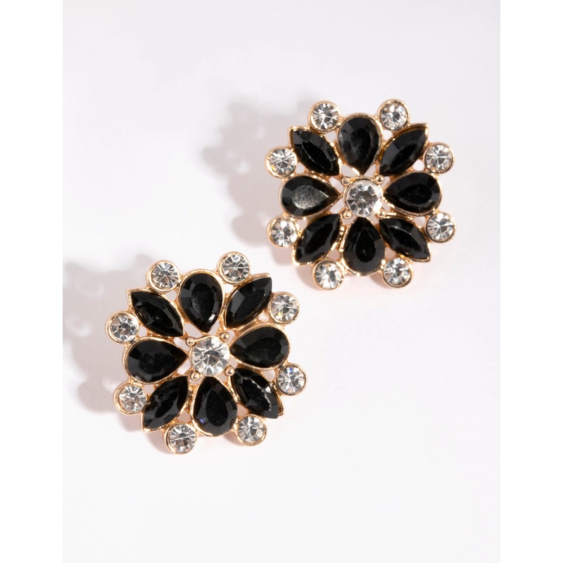Gold & Black Diamante Flower Stud Earrings