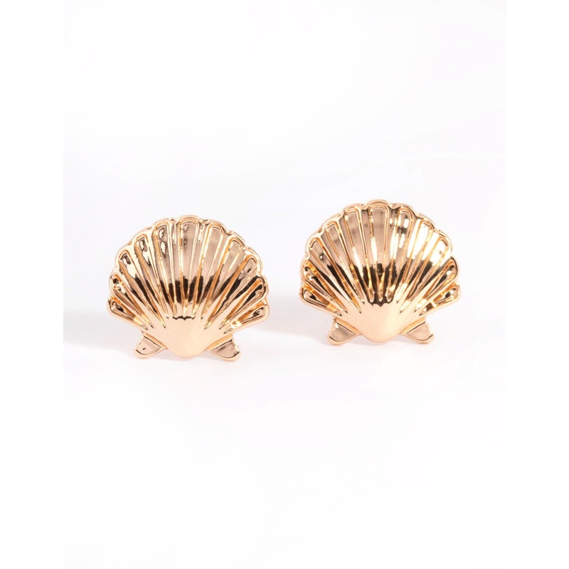 Gold Clam Shell Stud Earrings|Default Title