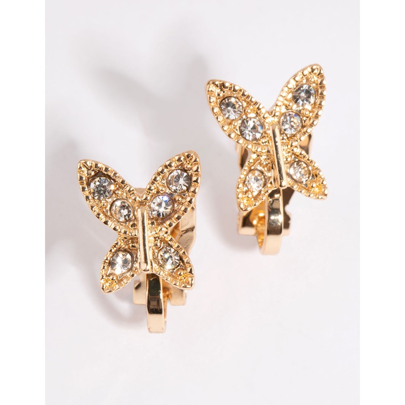 Gold Diamante Butterfly Clip-On Earrings