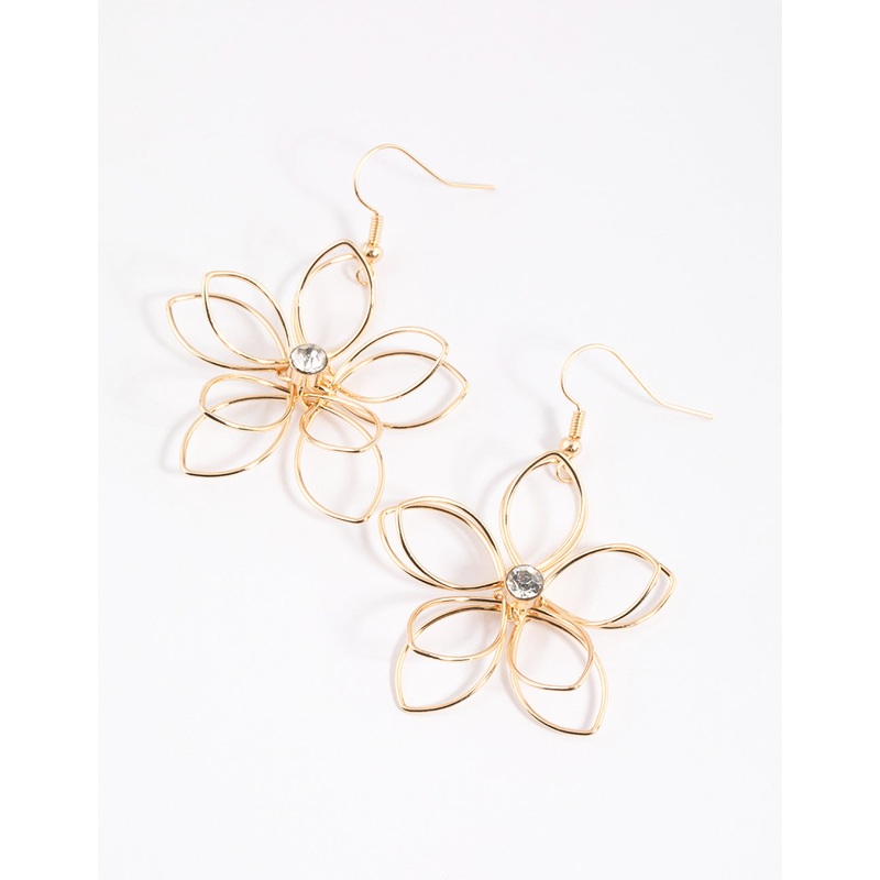 Gold Diamante Wire Flower Drop Earrings