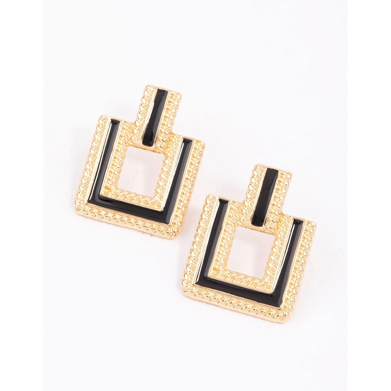 Gold Enamel Geometric Square Stud Earrings