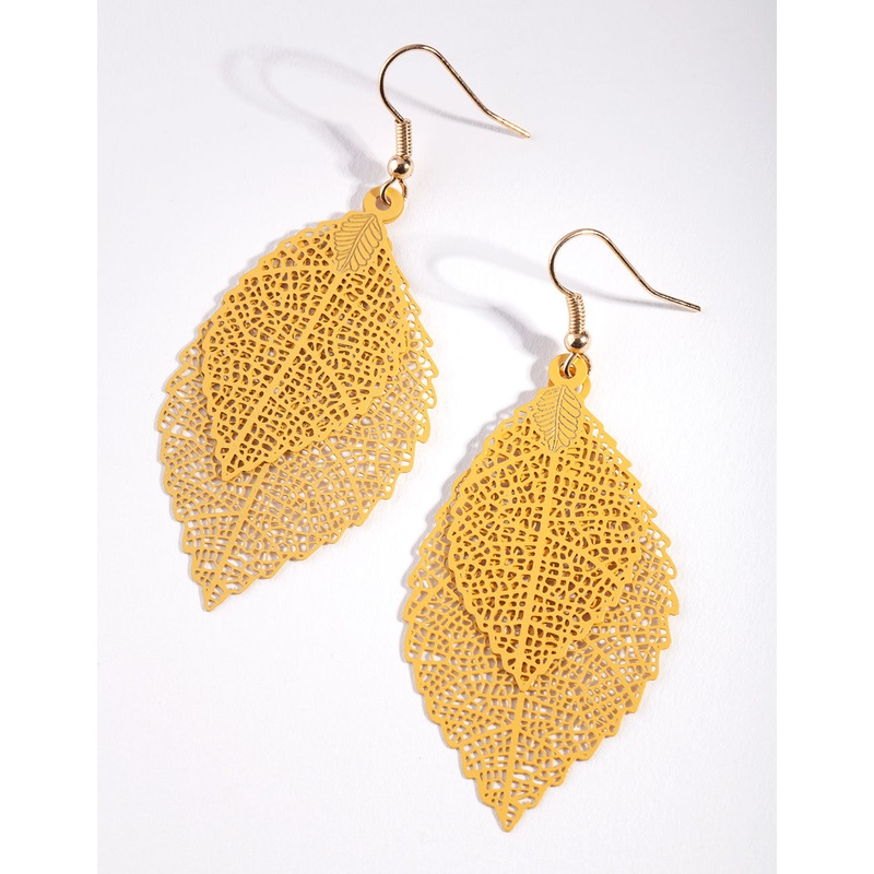 Gold Filigree Leaf Drop Earrings