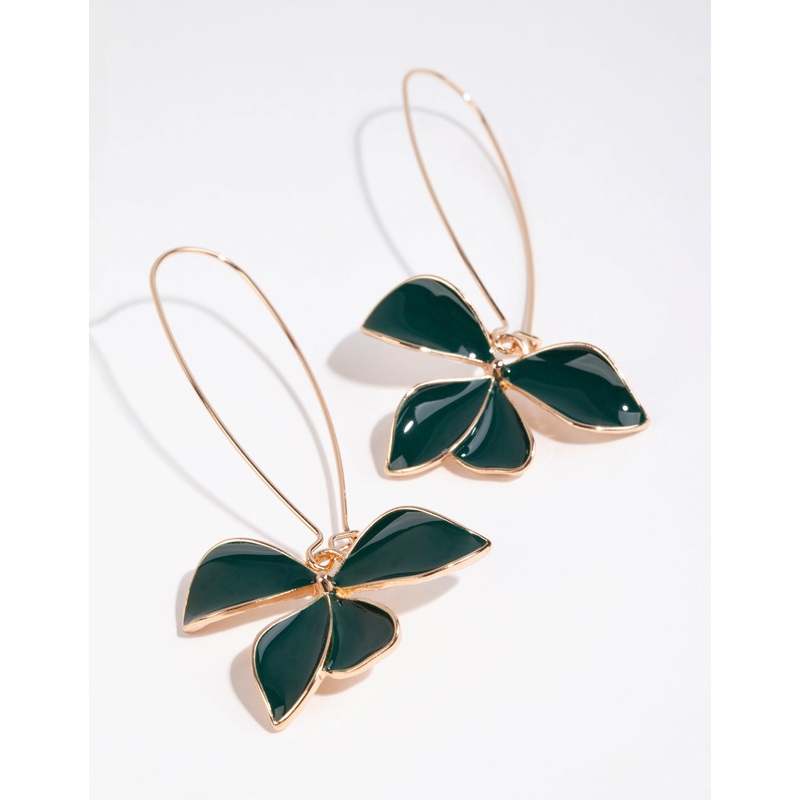 Gold & Green Enamel Flower Fish Hook Earrings