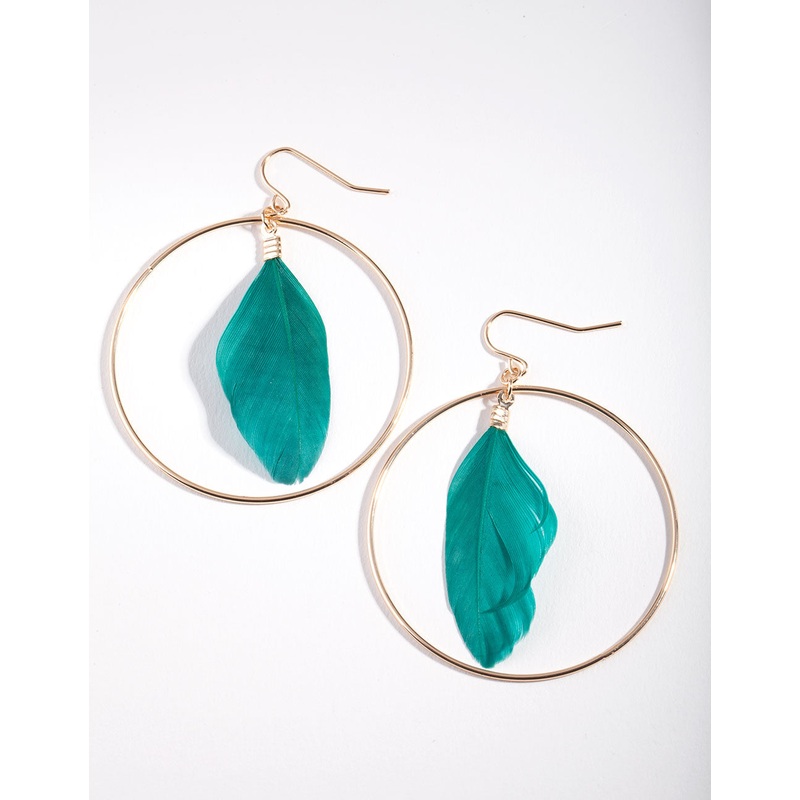 Gold Green Feather Hoop Drop Earrings