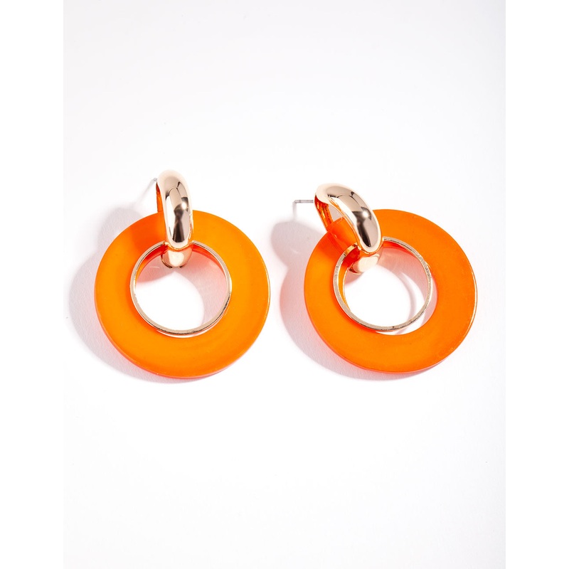 Gold Orange Double Hoop Drop Earrings