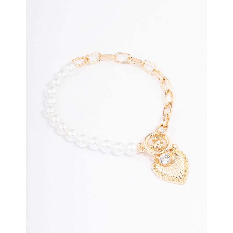 Gold Pearl Chain Heart Bracelet