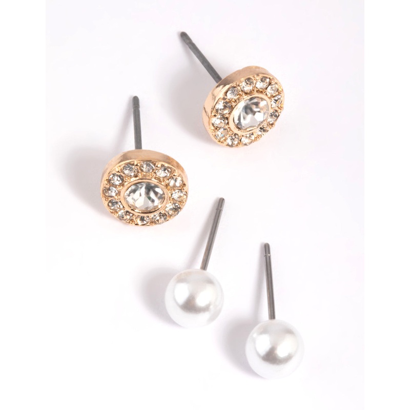 Gold Pearl & Diamante Stud Earring Pack