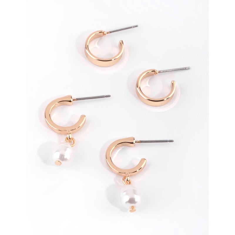 Gold Pearl Huggie Hoop Earring Set