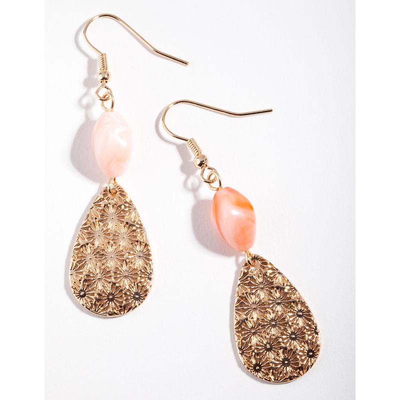 Gold Pink Bead Stamp Teardrop Earrings