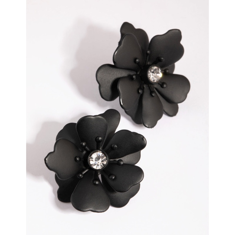 Matte Black Double Petal Stud Earrings