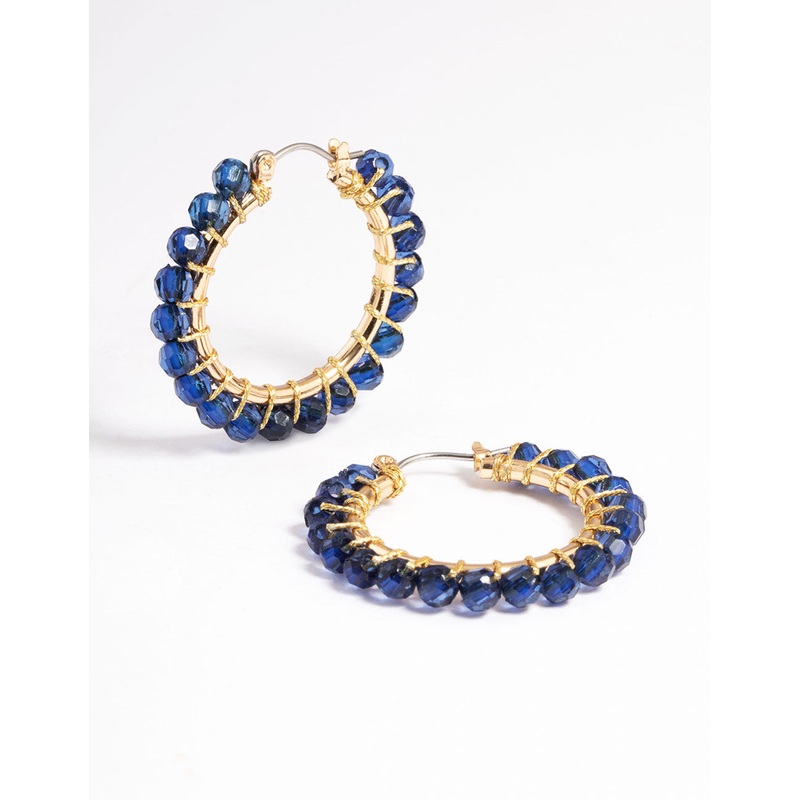 Navy Wrapped Bead Mini Hoop Earrings